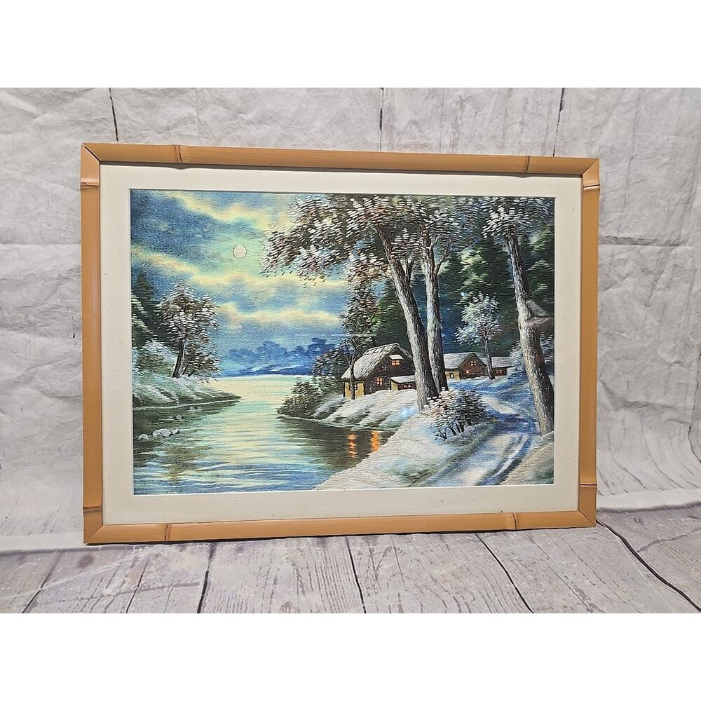 Vtg Japanese Silver Embroidered Silk Oriental Landscape Artwork Bamboo Frame